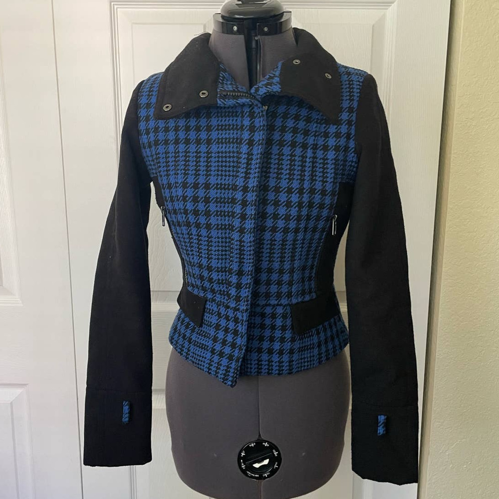 Material Girl Blue and Black Houndstooth Wool Blend Moto Jacket • Size XS 🔴